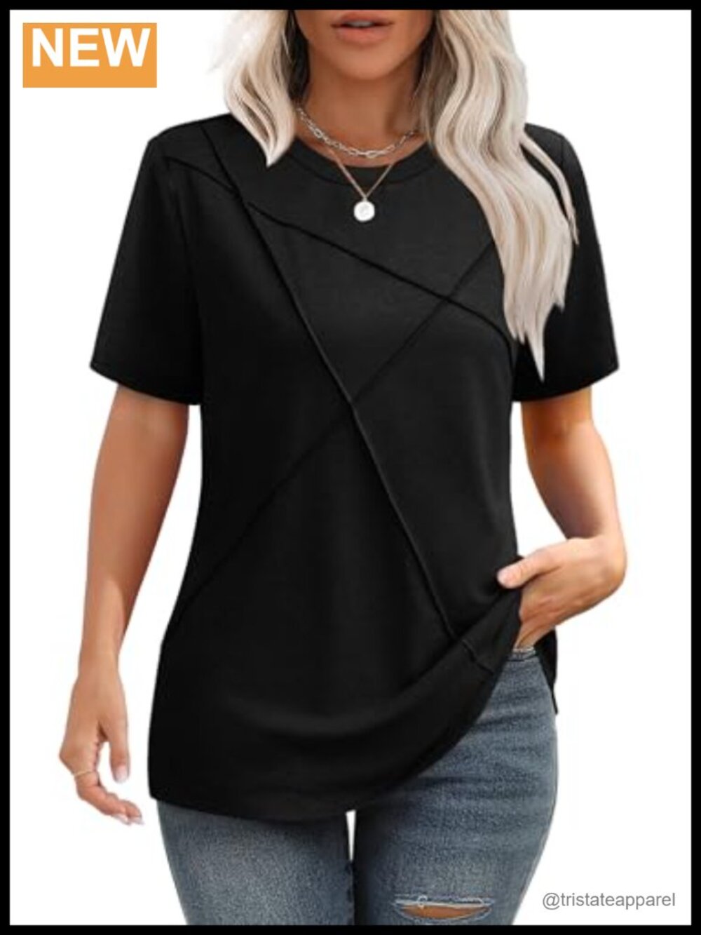 Womens Pleated Round Neck Short Sleeve Business Casual T-Shirt